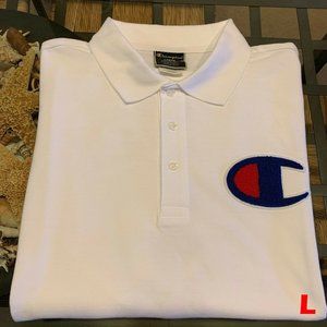 CHAMPION MEN L WHITE BIG CHEST BACK LOGO POLO NWT